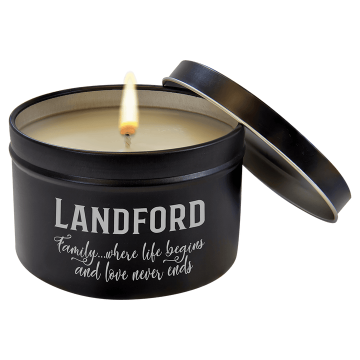 8 oz. Candle in Black Metal Tin - 4 Scents - Personalized & Engraved with Monogram, Last Name, or Logo