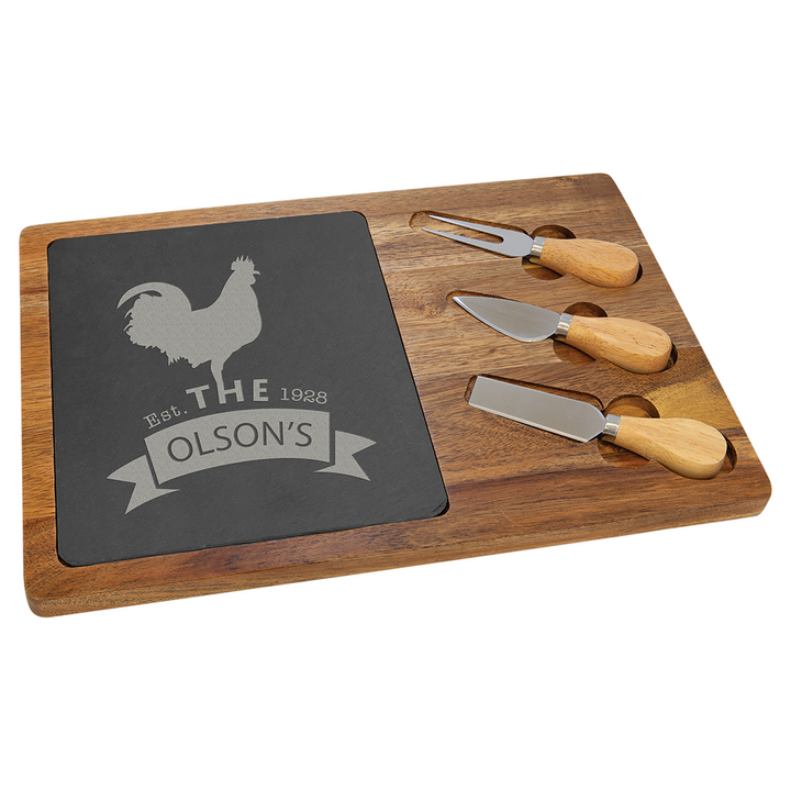 Cheese Set - Acacia Wood and Slate - Personalized & Engraved with Monogram, Last Name, or Logo