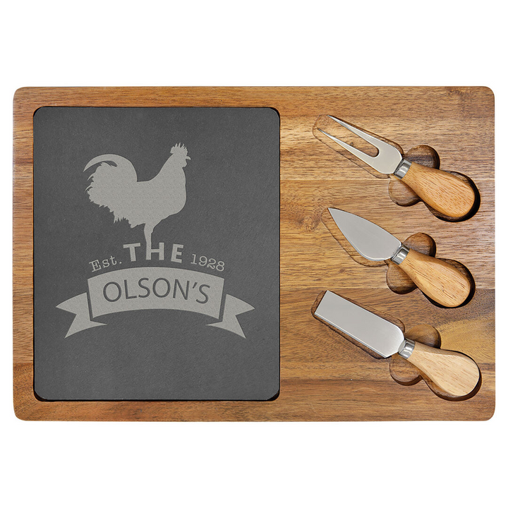 Cheese Set - Acacia Wood and Slate - Personalized & Engraved with Monogram, Last Name, or Logo