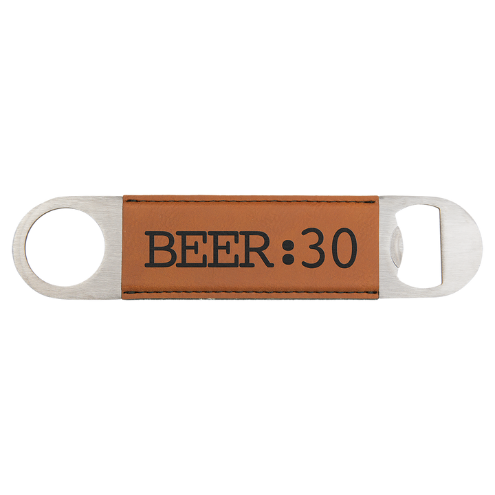 a beer bottle opener with a leather strap