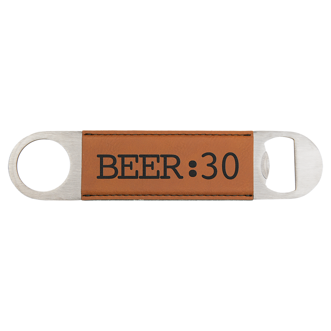 a beer bottle opener with a leather strap