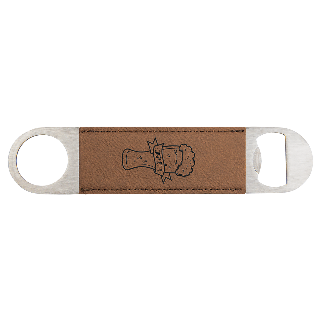 a brown leather bottle opener with a picture of a dog on it