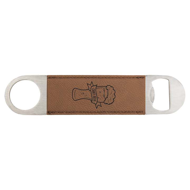 a brown leather bottle opener with a picture of a dog on it