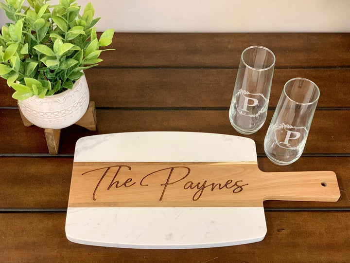 Serving Board - Marble & Acacia - Personalized & Engraved with Monograms, Last Names or Logo