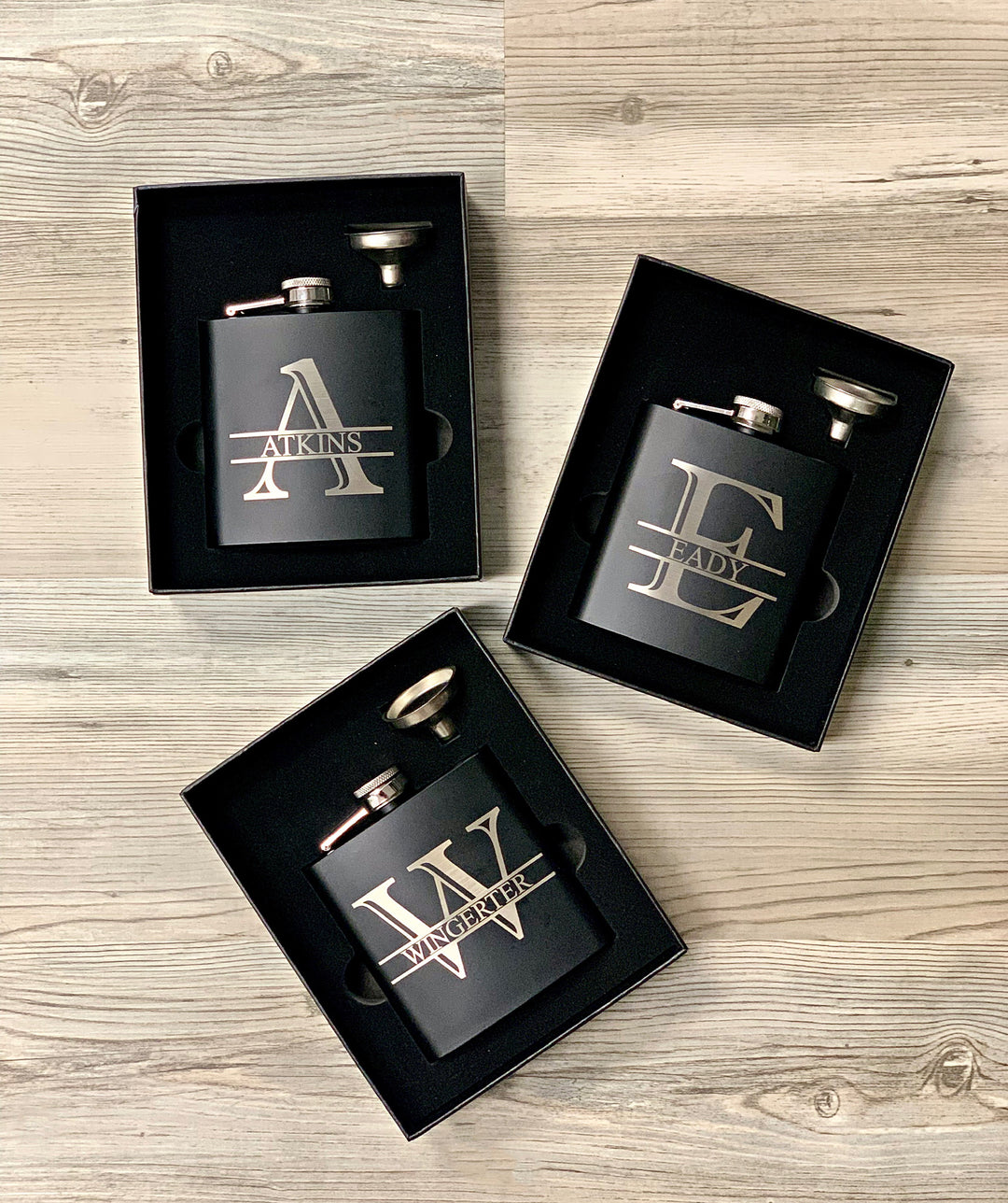 Laser Engraved Personalized Matte Black Flask Set 