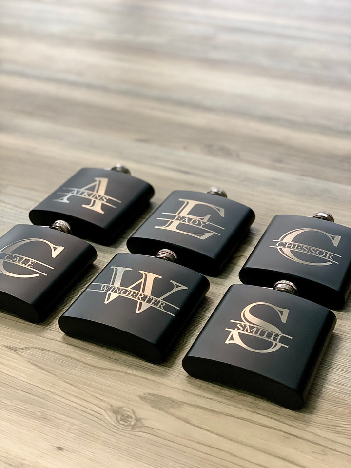 Laser Engraved Personalized Matte Black Flask Set 