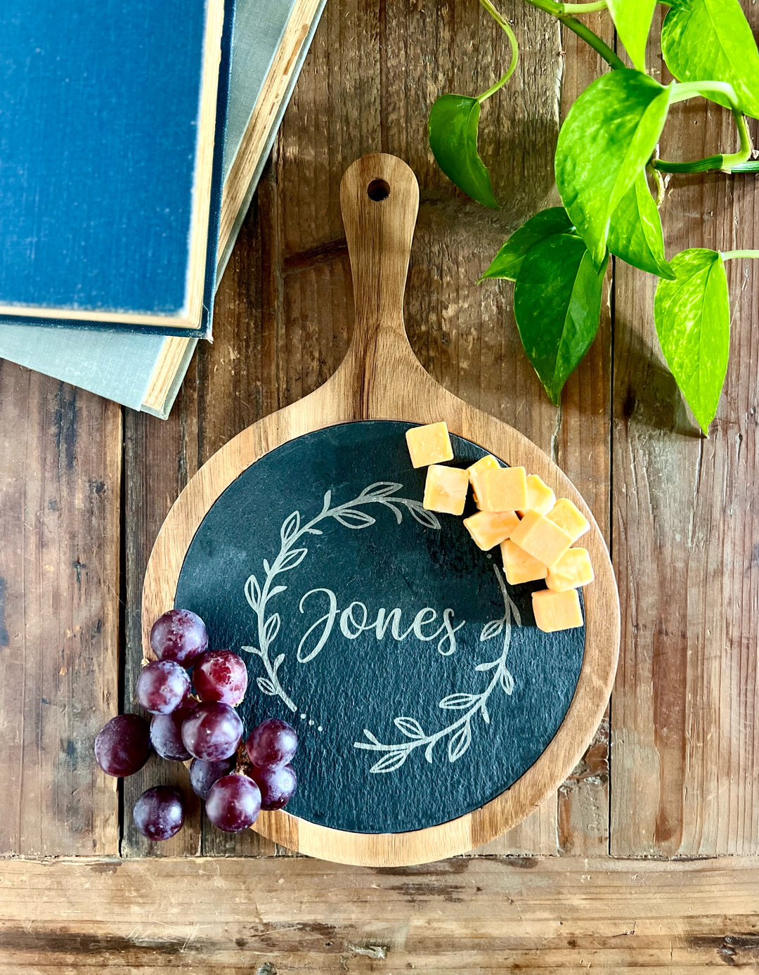 Personalized Round Acacia Wood & Slate Serving Board with Handle