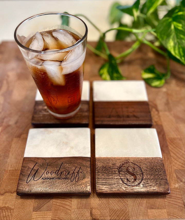 Wood & Marble Coasters - Set of 4 - Personalized & Engraved with Monograms, Last Names or Logo