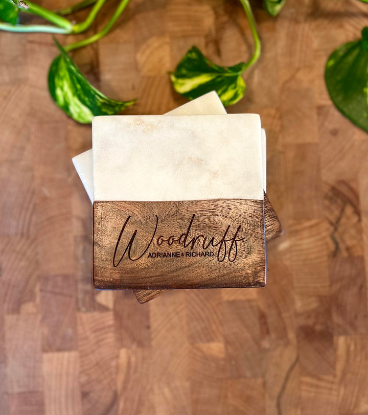 Wood & Marble Coasters - Set of 4 - Personalized & Engraved with Monograms, Last Names or Logo