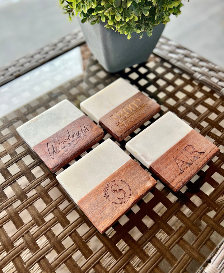 Wood & Marble Coasters - Set of 4 - Personalized & Engraved with Monograms, Last Names or Logo