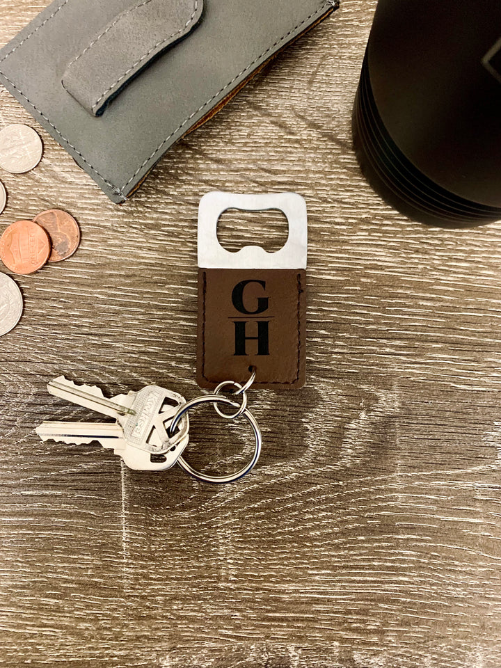 Personalized, Engraved Leatherette Keychain with Bottle Opener