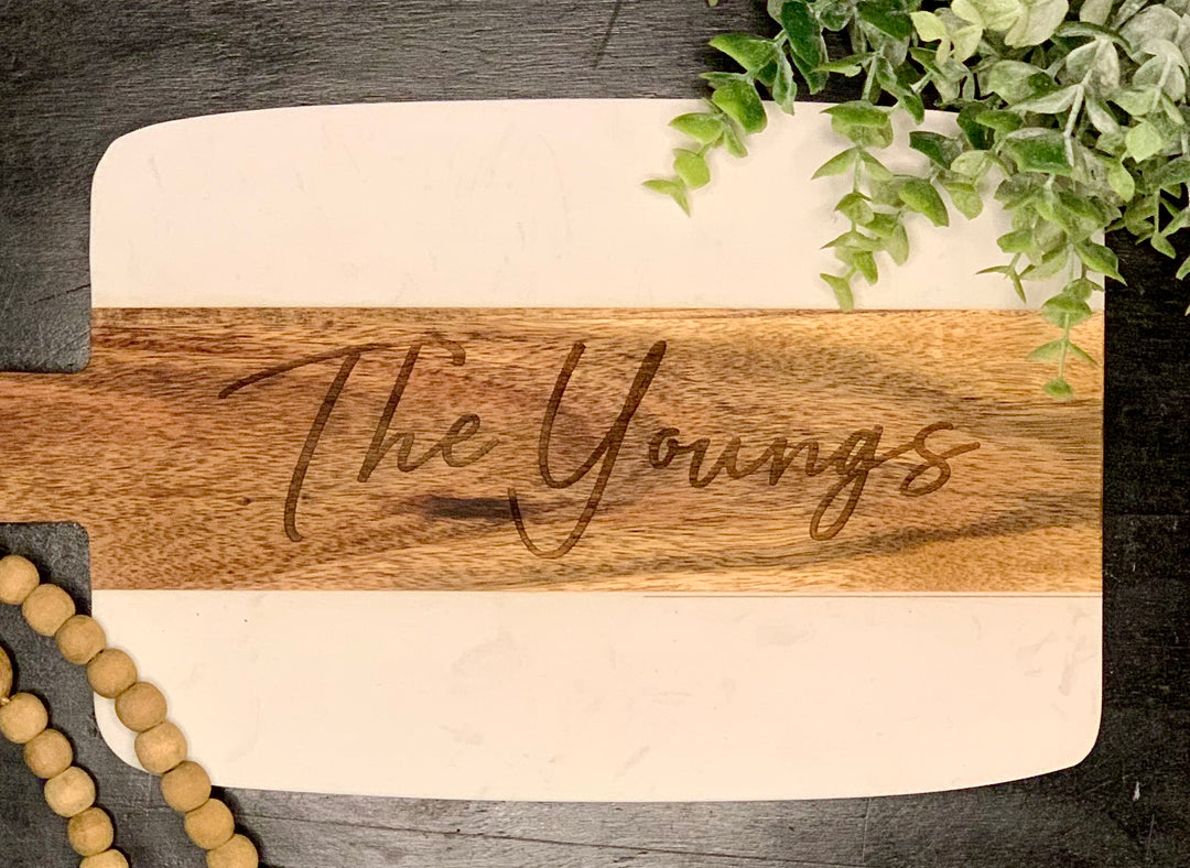 Serving Board - Marble & Acacia - Personalized & Engraved with Monograms, Last Names or Logo