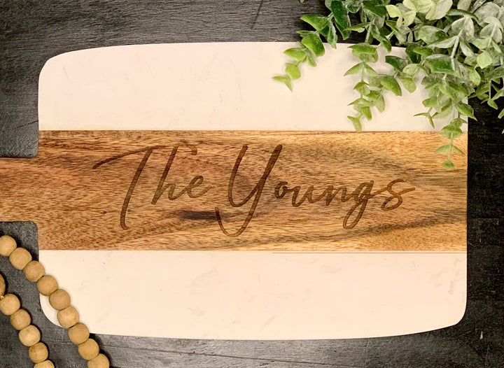 Serving Board - Marble & Acacia - Personalized & Engraved with Monograms, Last Names or Logo