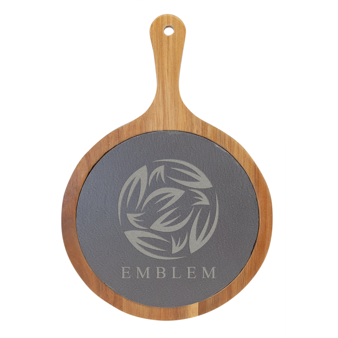 Personalized Round Acacia Wood & Slate Serving Board with Handle