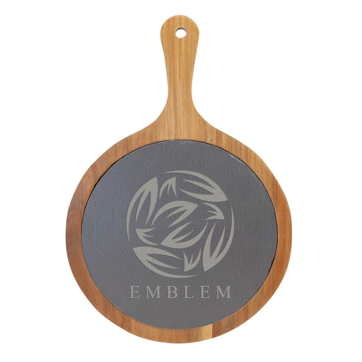 Personalized Round Acacia Wood & Slate Serving Board with Handle