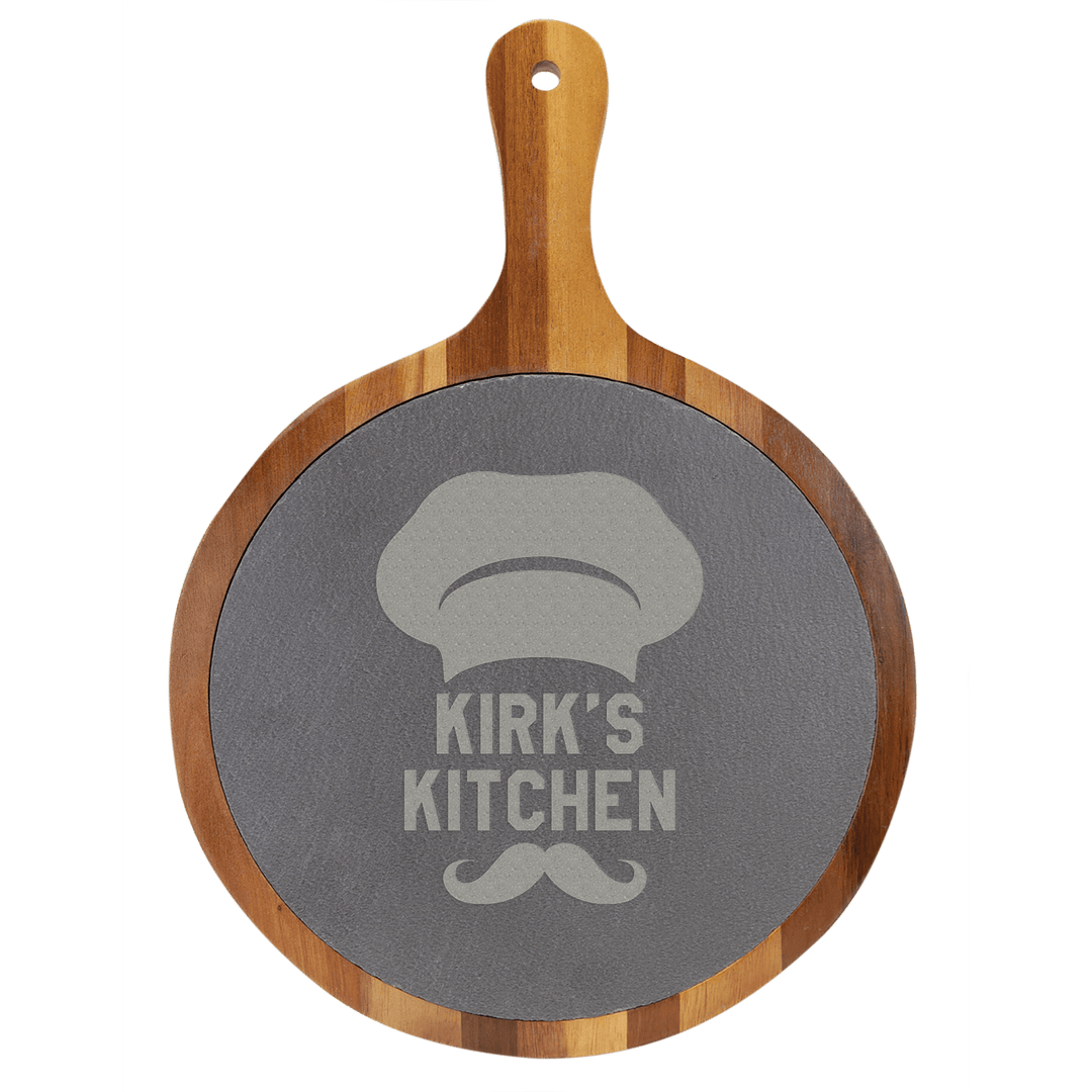 Personalized Round Acacia Wood & Slate Serving Board with Handle