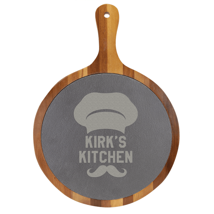 Personalized Round Acacia Wood & Slate Serving Board with Handle